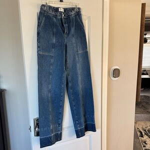 Frame wide-Leg High-Rise Women's Jeans in Dark Blue with braided waist band